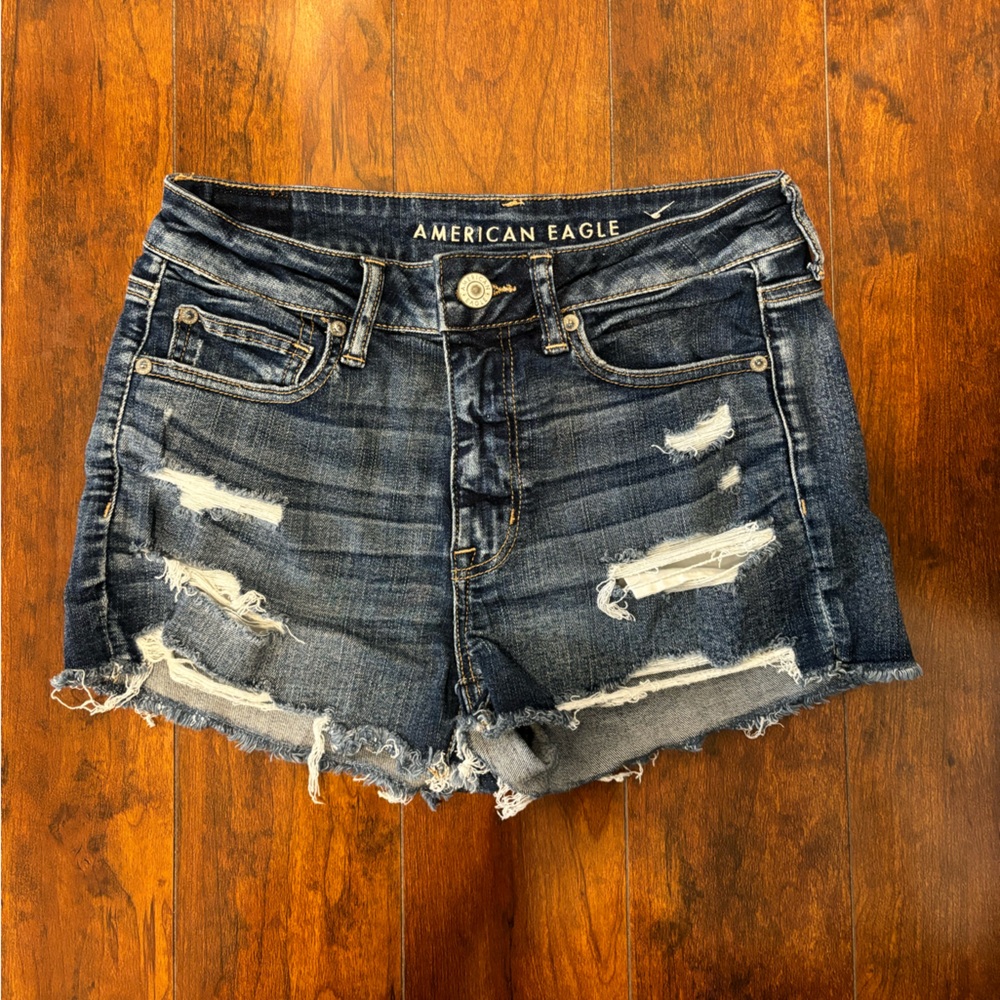 American eagle next level stretch dark wash jean shorts.